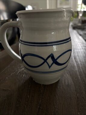 Jamestown Pottery 5” by 5” small pitcher Vintage salt-glazed stoneware cobalt